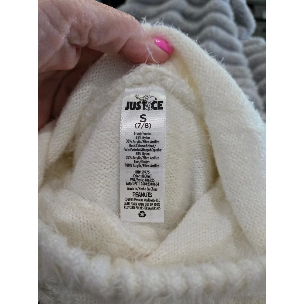 Justice Peanuts Snoopy Fuzzy Eyelash Knit Hooded Sweater Girls Small 7/8 White